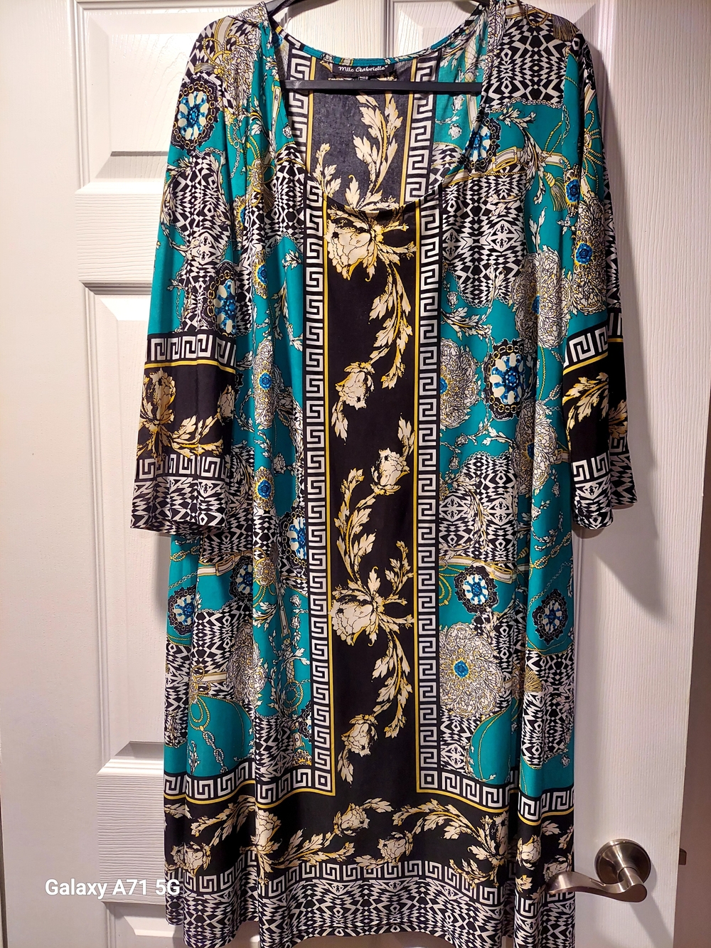 Women's Teal and Black Printed Midi Dress